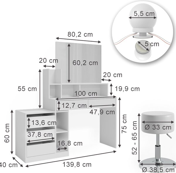 Toaletní stolek Vicco Anja Bílá 139.8 cm s osvětlením LED a stoličkou, Model 41334