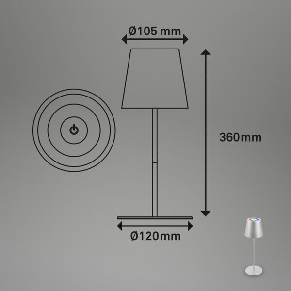 BRILONER Kiki stolní lampička bezdrátová, dotykový vypínač, pestrobarevné RGB+W světlo, nastavitelná výška, matný chrom 7507014