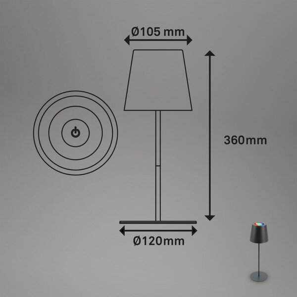BRILONER Kiki stolní lampička bezdrátová, dotykový vypínač, pestrobarevné RGB+W světlo, nastavitelná výška, antracit 7507015