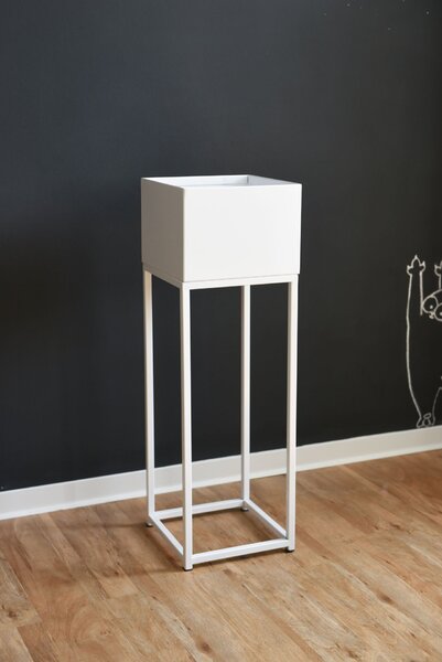 Květináč na vysokých nohách ELEVATE SQUARE, ocel, výška 79 cm, bílý mat