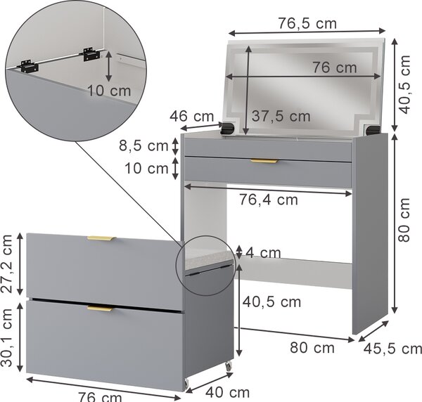 Toaletní stolek Vicco Wanja Šedá 80 cm s lavičkou a zrcadlem LED, Model 42870