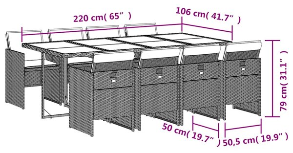 9dílný zahradní jídelní set s poduškami šedý polyratan 3210566