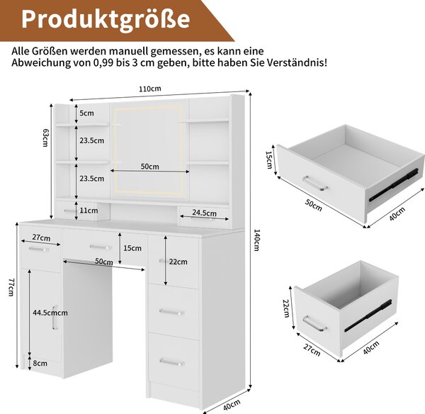 Toaletní stolek z MDF s tříbarevným zrcadlem, dotykovým LED osvětlením, 2 zásuvkami, zásuvkami EU a USB, držákem na fén, bílý