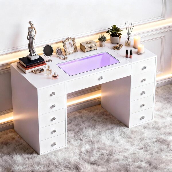 VANITII Kosmetický stolek se zrcadlem a LED osvětlením, bílý, 11 zásuvek, rozměry 130 x 55 x 127 cm