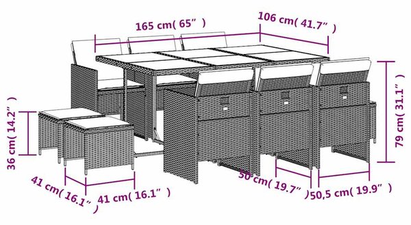 11dílný zahradní jídelní set s poduškami šedý polyratan 3210614