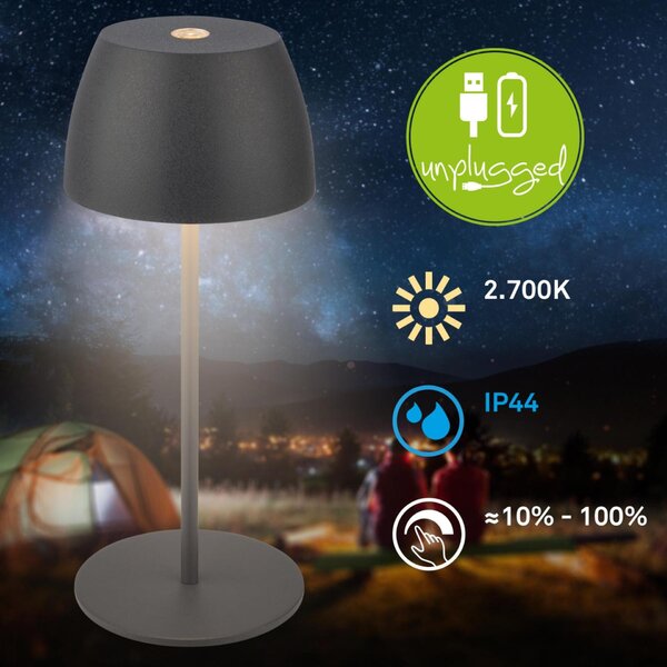 BRILONER LED nabíjecí stolní lampička Serina Mini, bezdrátová, 20cm, IP44, 2,5W, stmívatelné, dotykový vypínač, antracit 7503015
