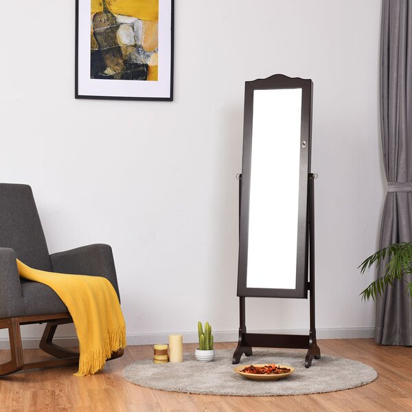 COSTWAY Skříňka na šperky se 14 LED světly, stojan na šperky s uzamykatelným zrcadlem po celé délce, zrcadlová skříňka na šperky se 4 nastavitelnými úrovněmi sklonu pro prsteny, háčky na náhrdelníky a náušnice (hnědá)