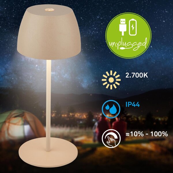 BRILONER LED nabíjecí stolní lampička Serina Mini, bezdrátová, 20cm, IP44, 2,5W, stmívatelné, dotykový vypínač, béžová 7503011