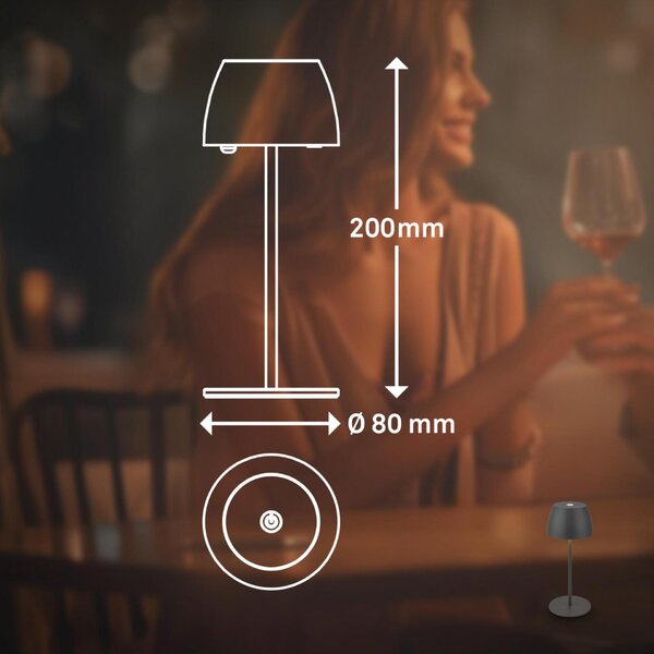 BRILONER LED nabíjecí stolní lampička Serina Mini, bezdrátová, 20cm, IP44, 2,5W, stmívatelné, dotykový vypínač, antracit 7503015