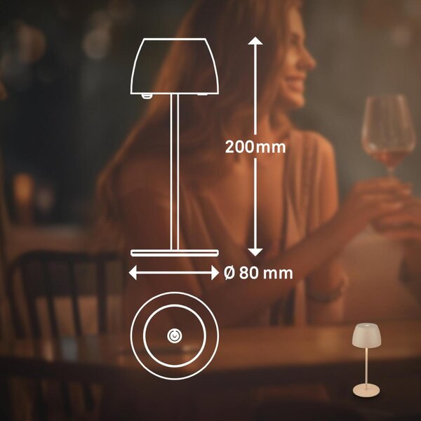 BRILONER LED nabíjecí stolní lampička Serina Mini, bezdrátová, 20cm, IP44, 2,5W, stmívatelné, dotykový vypínač, béžová 7503011