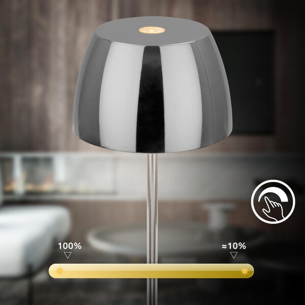 BRILONER LED nabíjecí stolní lampička Serina Mini, bezdrátová, 20cm, IP44, 2,5W, stmívatelné, dotykový vypínač, chrom 7503018