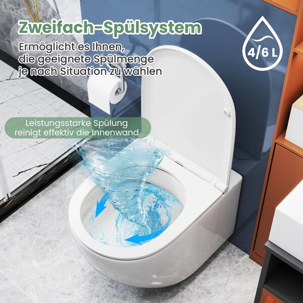 COSTWAY Závěsný klozet bez okrajů, keramický závěsný klozet se sedátkem, dvojitý splachovací systém, mechanismus Soft-Close, instalační materiál, závěsný klozet bílý 52,5x36x36cm