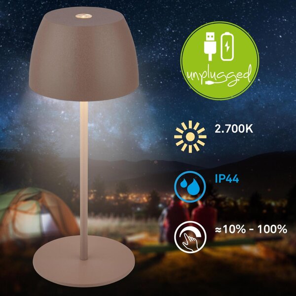 BRILONER LED nabíjecí stolní lampička Serina Mini, bezdrátová, 20cm, IP44, 2,5W, stmívatelné, dotykový vypínač, písková hnědá 7503012