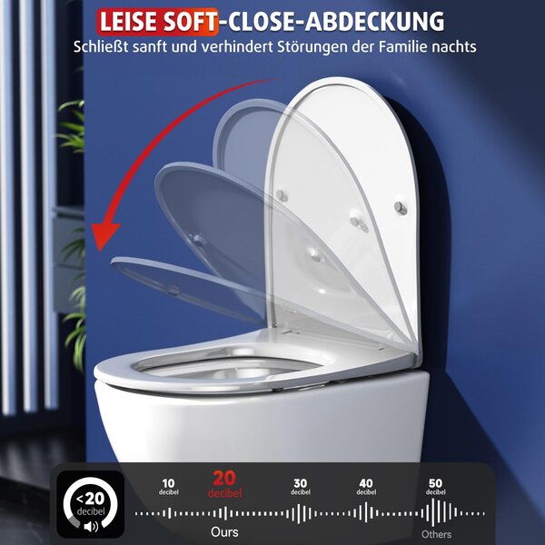 Závěsný klozet Rainsworth bez okrajů - silné splachování, klozetová mísa včetně sedátka s funkcí měkkého zavírání, kompaktní design klozetu o délce 48,5 cm, klozet s jedním splachováním