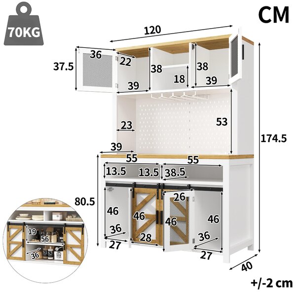 Kuchyňské skříňky Flieks s LED osvětlením, vysoká skříňka s USB portem a prostornou pracovní deskou, příborníky 120 x 40 x 174,5 cm, bílá