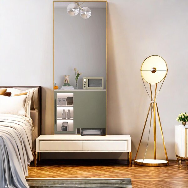 Obdélníkové kosmetické zrcadlo z tvrzeného skla, zlatý hliníkový rám, 1400x400 mm, elegantní moderní design do ložnice nebo koupelny