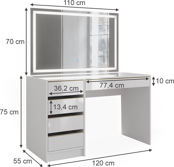 Toaletní stolek Vicco Sherry Bílá/zlatá 120 cm se zrcadlem LED, Model 47707