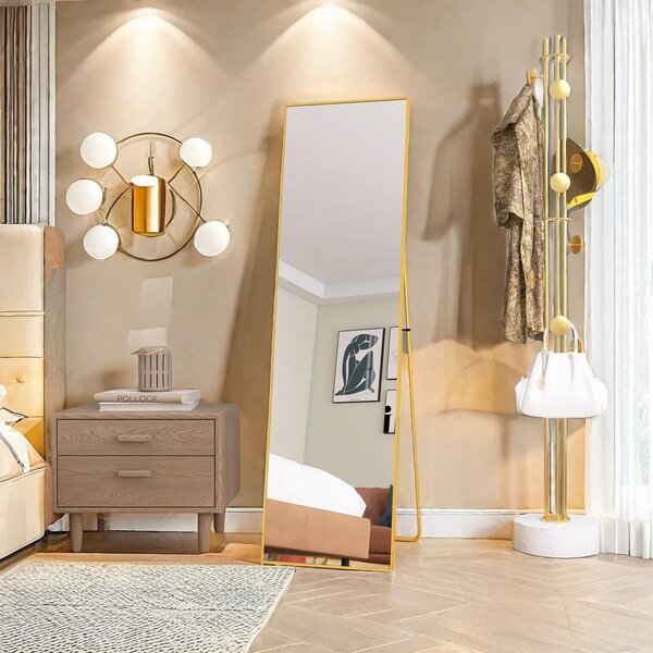 Obdélníkové kosmetické zrcadlo z tvrzeného skla, zlatý hliníkový rám, 1400x400 mm, elegantní moderní design do ložnice nebo koupelny