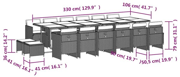 17dílný zahradní jídelní set s poduškami hnědý polyratan 3210645