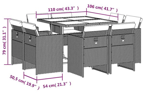 9dílný zahradní jídelní set s poduškami hnědý polyratan 3210657