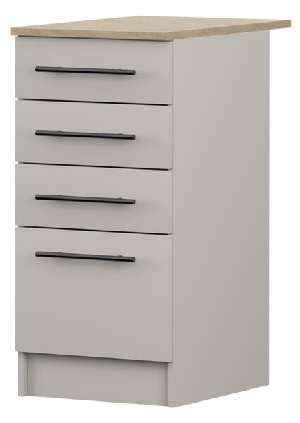 Spodní skříňka INEZ VI, kuchyň, kuchyňská skříňka 40 cm v provedení kašmír/kamenný dub se čtyřmi zásuvkami, černé kovové úchytky