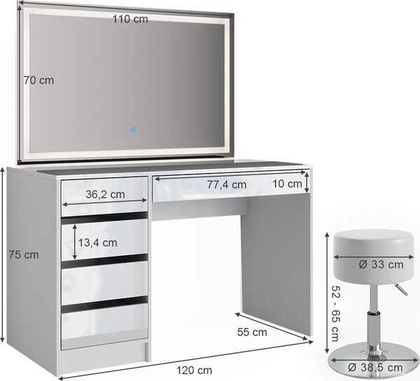 Toaletní stolek Vicco Sherry Bílá 120 cm se zrcadlem LED a stoličkou, Model 36836