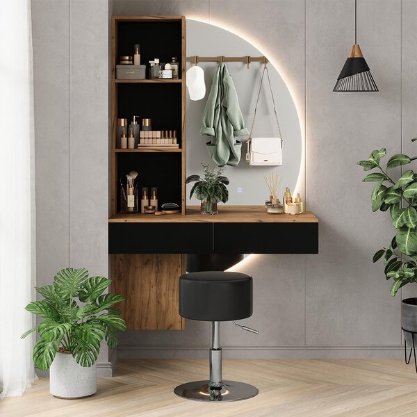 Toaletní stolek Vicco Melora Dub/černá 100 cm se zrcadlem LED a stoličkou, Model 58452