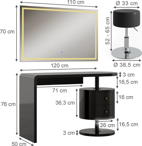 Toaletní stolek Vicco Lara Černý vysoký lesk 120 cm se zrcadlem LED a stoličkou, Model 50181