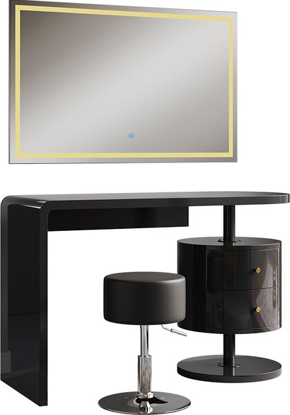 Toaletní stolek Vicco Lara Černý vysoký lesk 120 cm se zrcadlem LED a stoličkou, Model 50181
