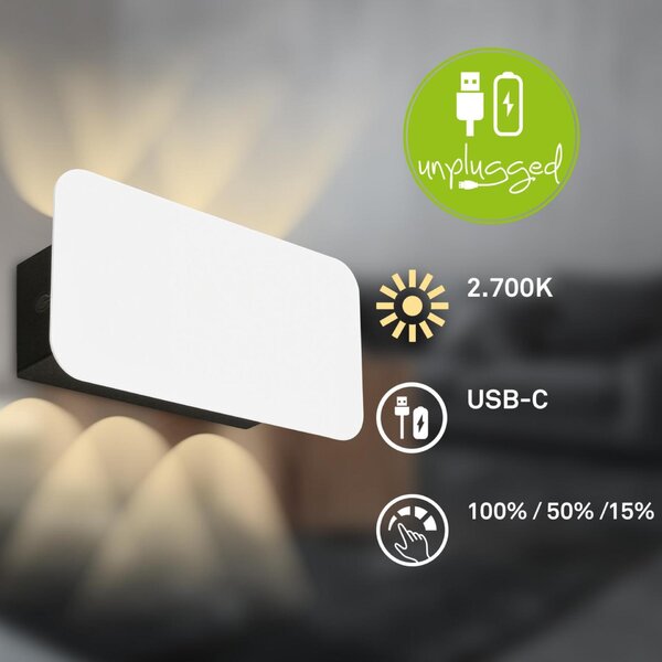 BRILONER Meluna LED nástěnné svítidlo nabíjecí, stmívatelné, dotykový vypínač, bílé 3807016