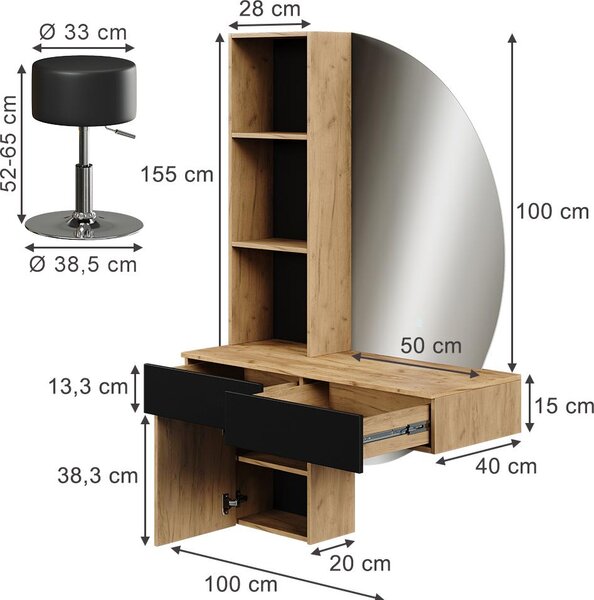 Toaletní stolek Vicco Melora Dub/černá 100 cm se zrcadlem LED a stoličkou, Model 58452