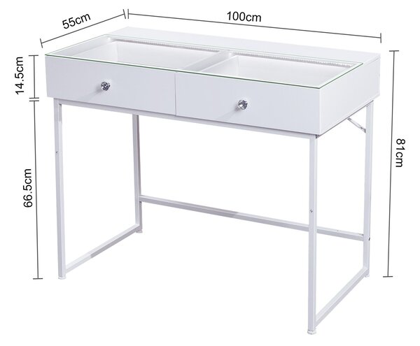 VANITII Kosmetický stolek se zrcadlem a osvětlením, 2 zásuvky, bílý, rozměry 100 x 55 x 122 cm
