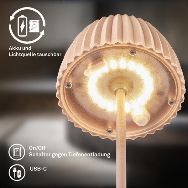 BRILONER Nabíjecí stolní lampa Riffle Mini - 20 cm, 1,5W, 150lm, bezdrátová, LED, stmívatelné, dotykový vypínač, béžová 7552011
