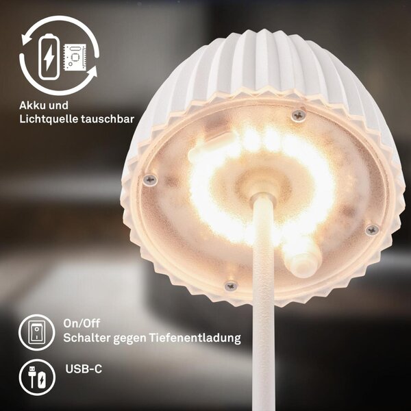 BRILONER Nabíjecí stolní lampa Riffle Mini - 20 cm, 1,5W, 150lm, bezdrátová, LED, stmívatelné, dotykový vypínač, bílé 7552016