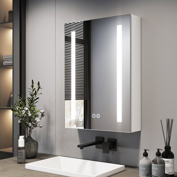 Zrcadlová skříňka EMKE s LED osvětlením 500 x 700 x 145 mm s ochranou proti zamlžení a 3 barvami stmívatelného světla, 1-dveřová koupelnová skříňka se zásuvkou a dotykovým spínačem