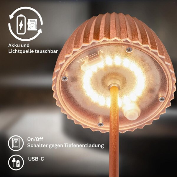 BRILONER Nabíjecí stolní lampa Riffle Mini - 20 cm, 1,5W, 150lm, bezdrátová, LED, stmívatelné, dotykový vypínač, měď 7552013