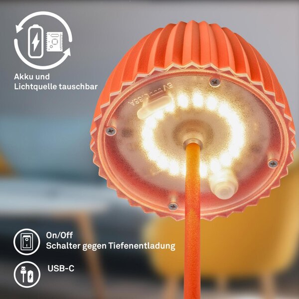 BRILONER Nabíjecí stolní lampa Riffle Mini - 20 cm, 1,5W, 150lm, bezdrátová, LED, stmívatelné, dotykový vypínač, oranžová 7552012