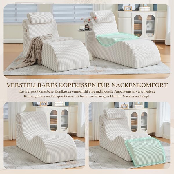 LVHOM Čalouněné lehátko s odnímatelnými polštáři a podnožkou, chaise longue Relax lounger s boční kapsou, lehátko s funkcí spaní, manšestrová tkanina, béžová barva