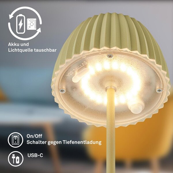 BRILONER Nabíjecí stolní lampa Riffle Mini - 20 cm, 1,5W, 150lm, bezdrátová, LED, stmívatelné, dotykový vypínač, zelená 7552019