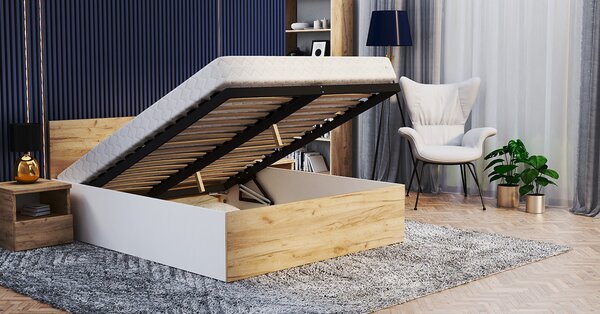Postel PANAMA 120x200 se zvedacím dřevěným roštem BÍLÁ DUB