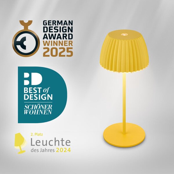 BRILONER Nabíjecí stolní lampa Riffle Mini - 20 cm, 1,5W, 150lm, bezdrátová, LED, stmívatelné, dotykový vypínač, žlutá 7552017