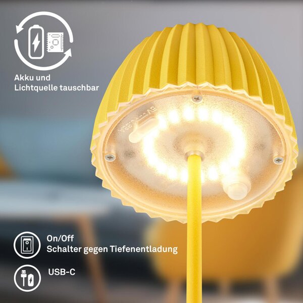 BRILONER Nabíjecí stolní lampa Riffle Mini - 20 cm, 1,5W, 150lm, bezdrátová, LED, stmívatelné, dotykový vypínač, žlutá 7552017