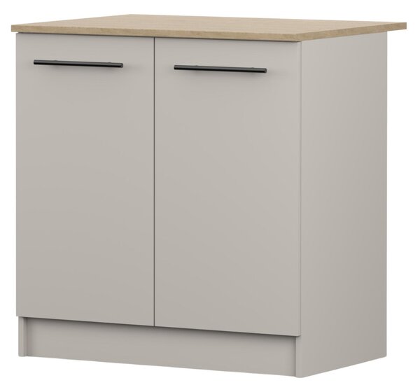 Spodní skříňka INEZ VI, kuchyň, dvoudveřová kuchyňská skříňka 80 cm v provedení kašmír/kamenný dub se dvěma křídlovými dvířky a černými kovovými úchytkami