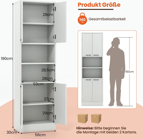 COSTWAY 190 cm vysoká kuchyňská skříňka, vysoká skříňka s dvířky, policemi, bezpečnostními závěsy a ochranou proti překlopení, příborník, volně stojící víceúčelová skříňka do jídelny, obývacího pokoje (světle šedá)