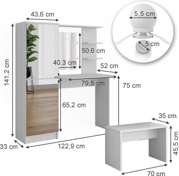Toaletní stolek Vicco Jasmin Bílá 123 cm s osvětlením LED a lavičkou, Model 51269