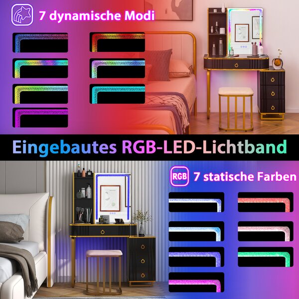 Kosmetický stolek COSTWAY s LED osvětlením, toaletní stolek se 14 LED světly, bezdrátovou nabíjecí stanicí, USB portem a 4 zásuvkami