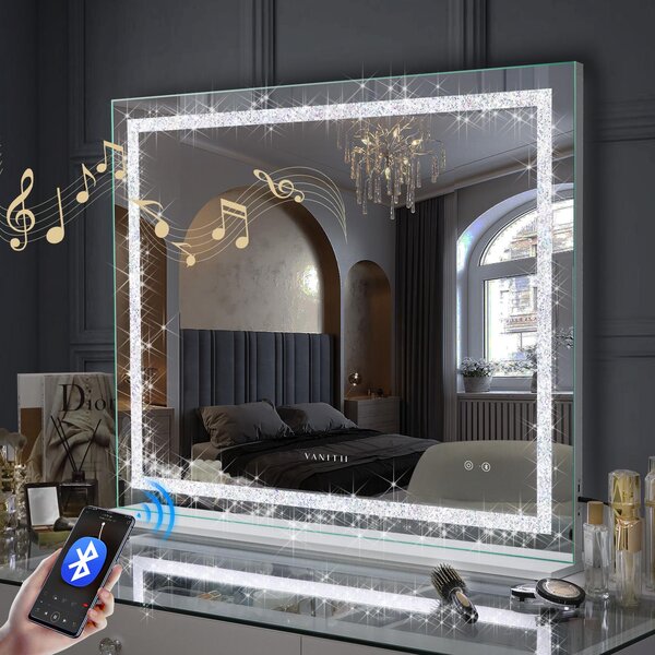 VANITII Hollywoodské kosmetické zrcadlo 100 cm x 80 cm s LED osvětlením 3 světelné režimy krystaly Bluetooth kosmetické zrcadlo do koupelny toaletní stolek Bílá