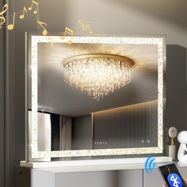VANITII Hollywoodské kosmetické zrcadlo 100 cm x 80 cm s LED osvětlením 3 světelné režimy krystaly Bluetooth kosmetické zrcadlo do koupelny toaletní stolek Bílá