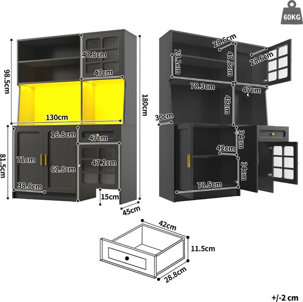 Flieks kuchyňská skříňka s prosklenými dvířky a LED osvětlením, vysoká kuchyňská skříňka se zásuvkami, příborník 130x45x180cm, černá