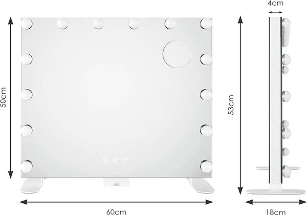 Make-up zrcadlo s osvětlením - hollywoodské make-up zrcadlo se 14 stmívatelnými LED světly - nástěnné - 60×50 cm